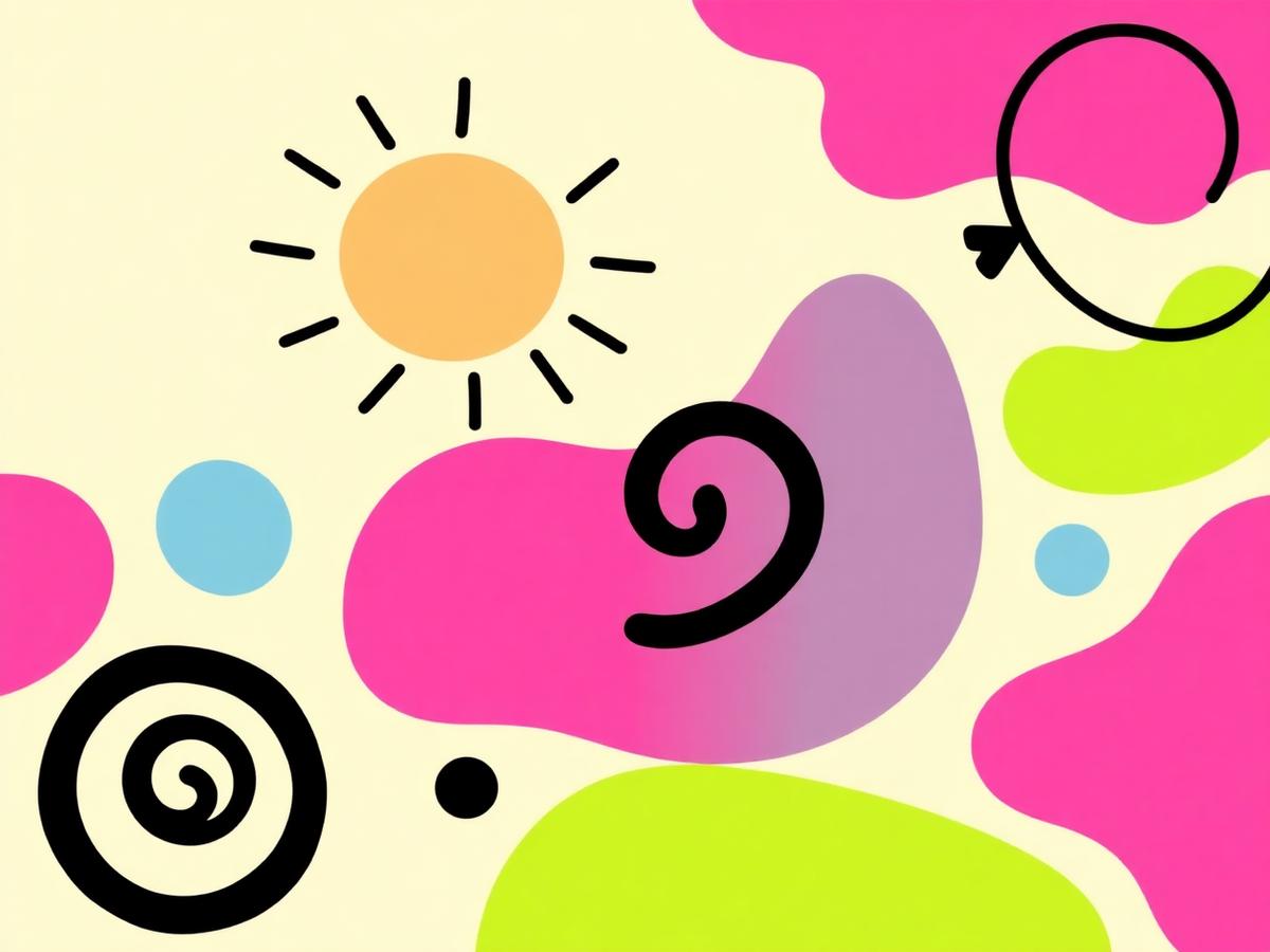 Placeholder: playful collage of blobs, a smiling sun and spirals