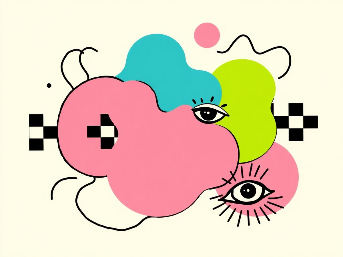 Placeholder: overlapping blobs, checkerboard strips and eye motifs