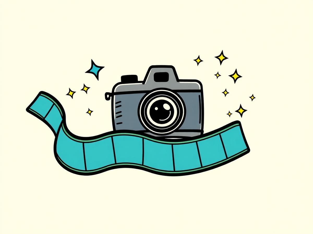Placeholder: doodled camera riding a wavy strip of film