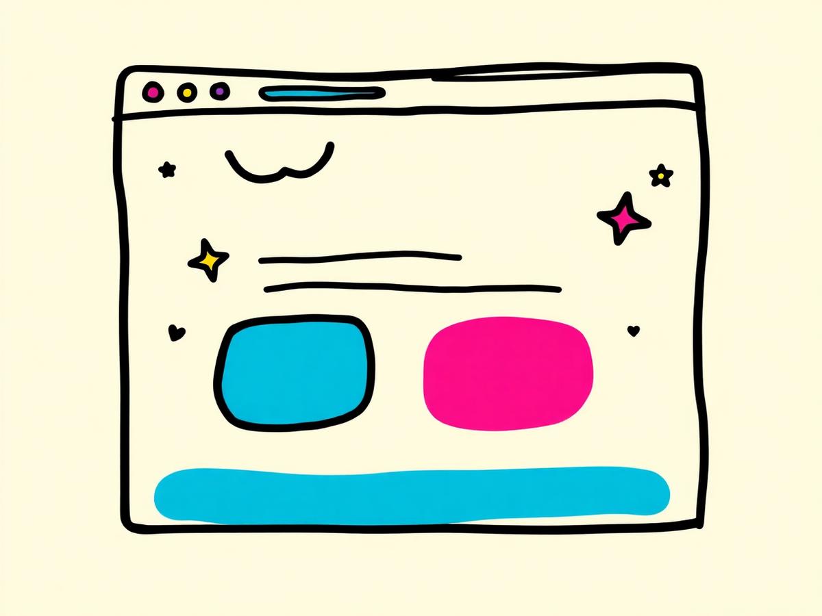 Placeholder: hand-drawn browser window illustration with sparkles and colour blocks