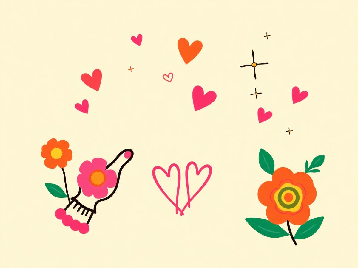 Placeholder: folk-modern flowers and hearts drawn on cream paper